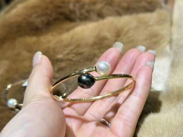 18K White Gold Pearl Bangle Bracelet,Tahitian Pearl&Japanese Akoya Pearl