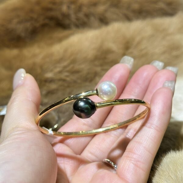 18K Yellow Gold Pearl Bangle Bracelet,Tahitian Pearl&Japanese Akoya Pearl