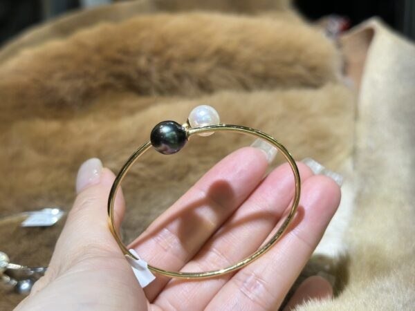 18K White Gold Pearl Bangle Bracelet,Tahitian Pearl&Japanese Akoya Pearl