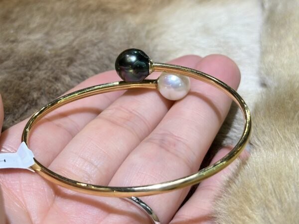 18K White Gold Pearl Bangle Bracelet,Tahitian Pearl&Japanese Akoya Pearl