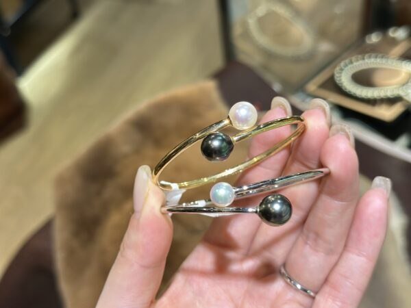 18K White Gold Pearl Bangle Bracelet,Tahitian Pearl&Japanese Akoya Pearl