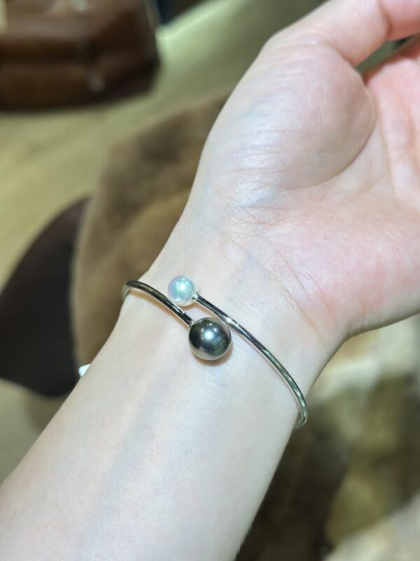 18K White Gold Pearl Bangle Bracelet,Tahitian Pearl&Japanese Akoya Pearl