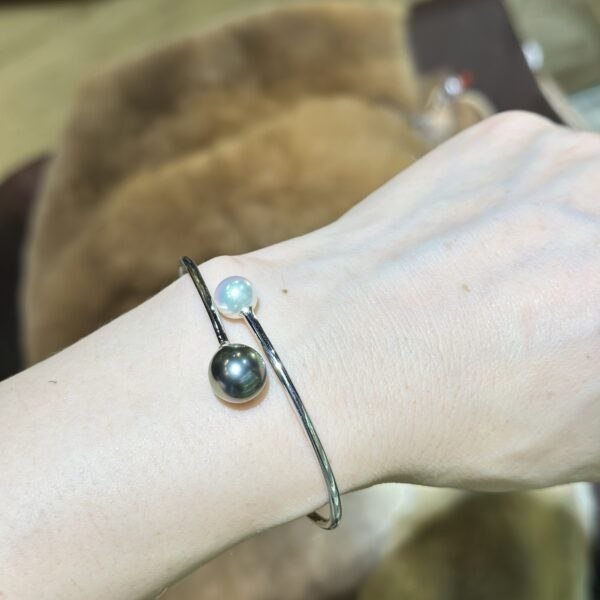 18K White Gold Pearl Bangle Bracelet,Tahitian Pearl&Japanese Akoya Pearl
