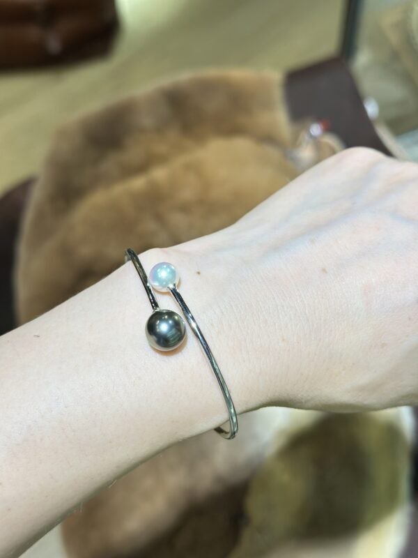 18K White Gold Pearl Bangle Bracelet,Tahitian Pearl&Japanese Akoya Pearl