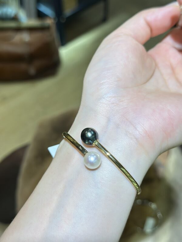 18K White Gold Pearl Bangle Bracelet,Tahitian Pearl&Japanese Akoya Pearl