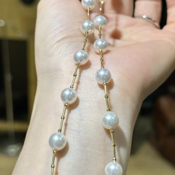 18K Yellow Gold Akoya Pearl Necklace,Hand Crafted Pearl Necklace